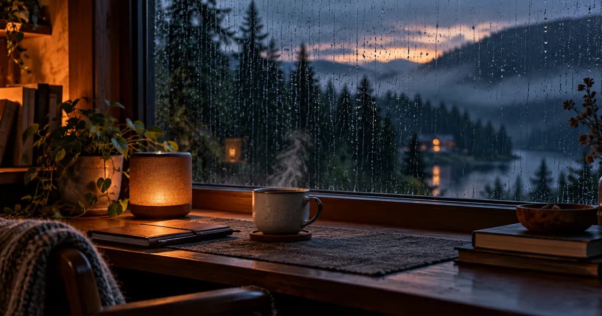 Ein kleiner Lautsprecher und Tee am regennassen Fenster mit Blick auf den Wald.