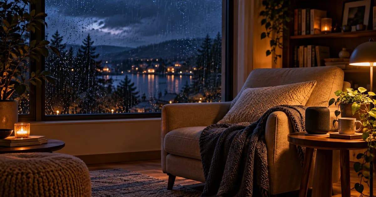 Ein gemütlicher Lesesessel mit kleinem Lautsprecher neben einem regennassen Fenster.