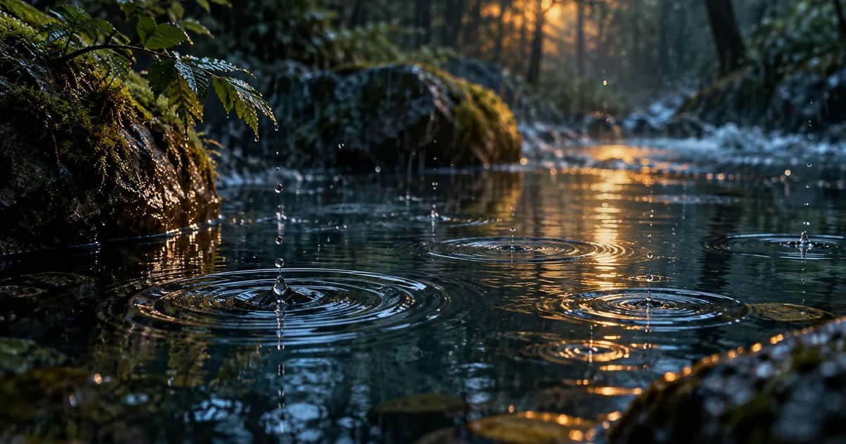 Gotas de lluvia forman suaves círculos concéntricos en una charca del bosque.