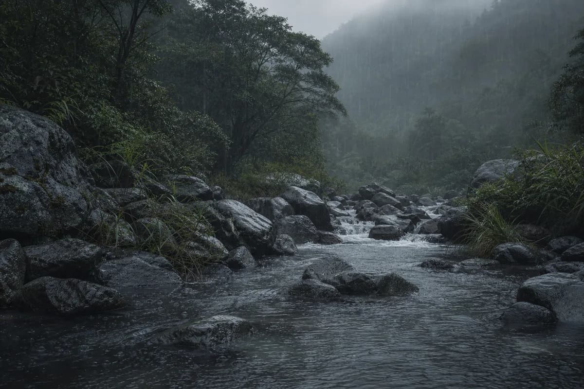 Misty Valley Stream beneath Gentle Rain cover art - Rain for better rest and relaxation