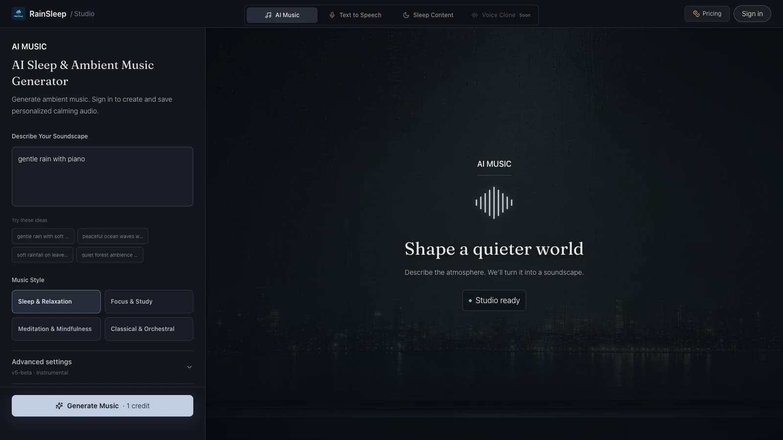 RainSleep AI sleep and ambient music generator