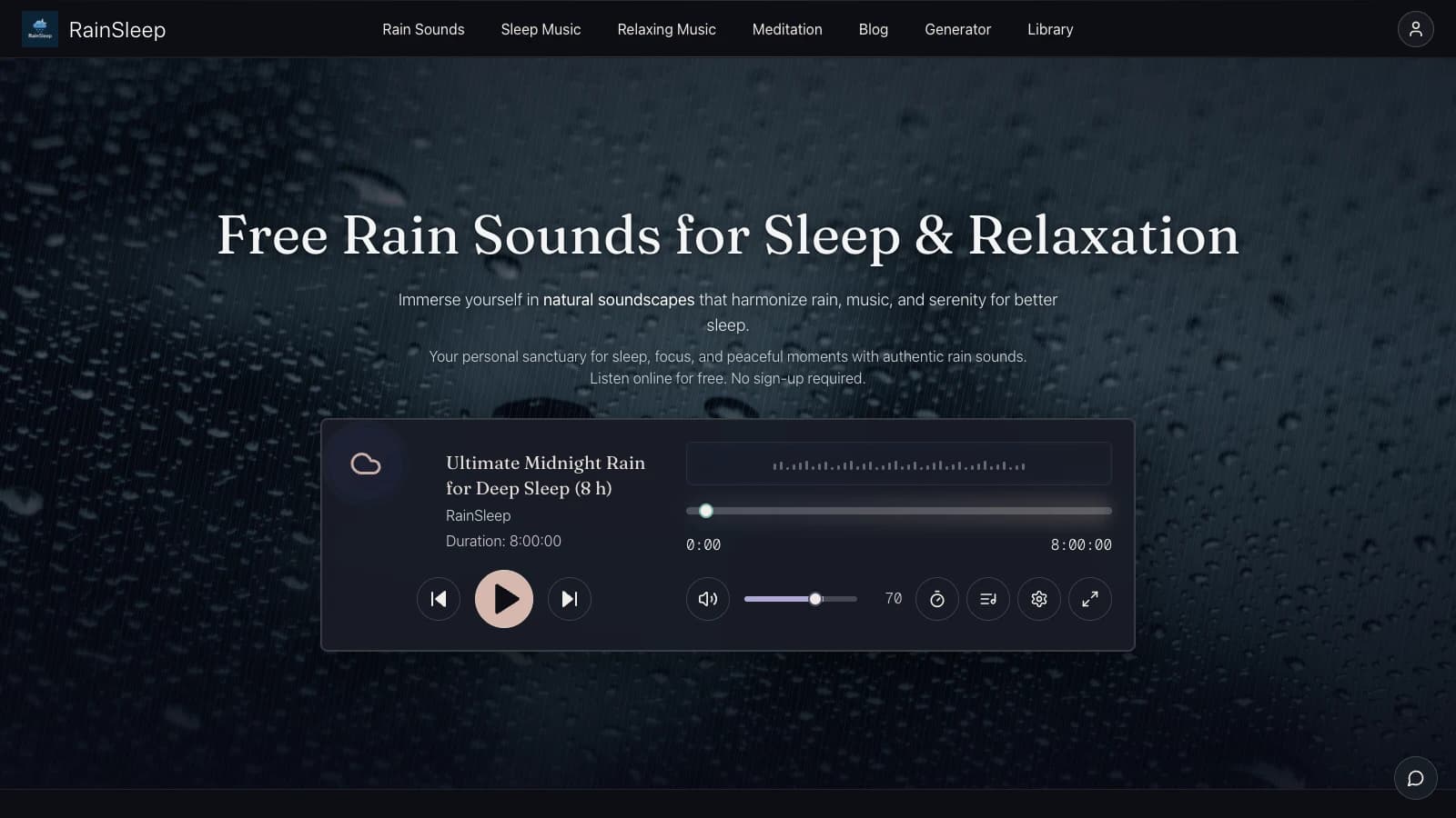 RainSleep homepage with the rain sound player and listening collections