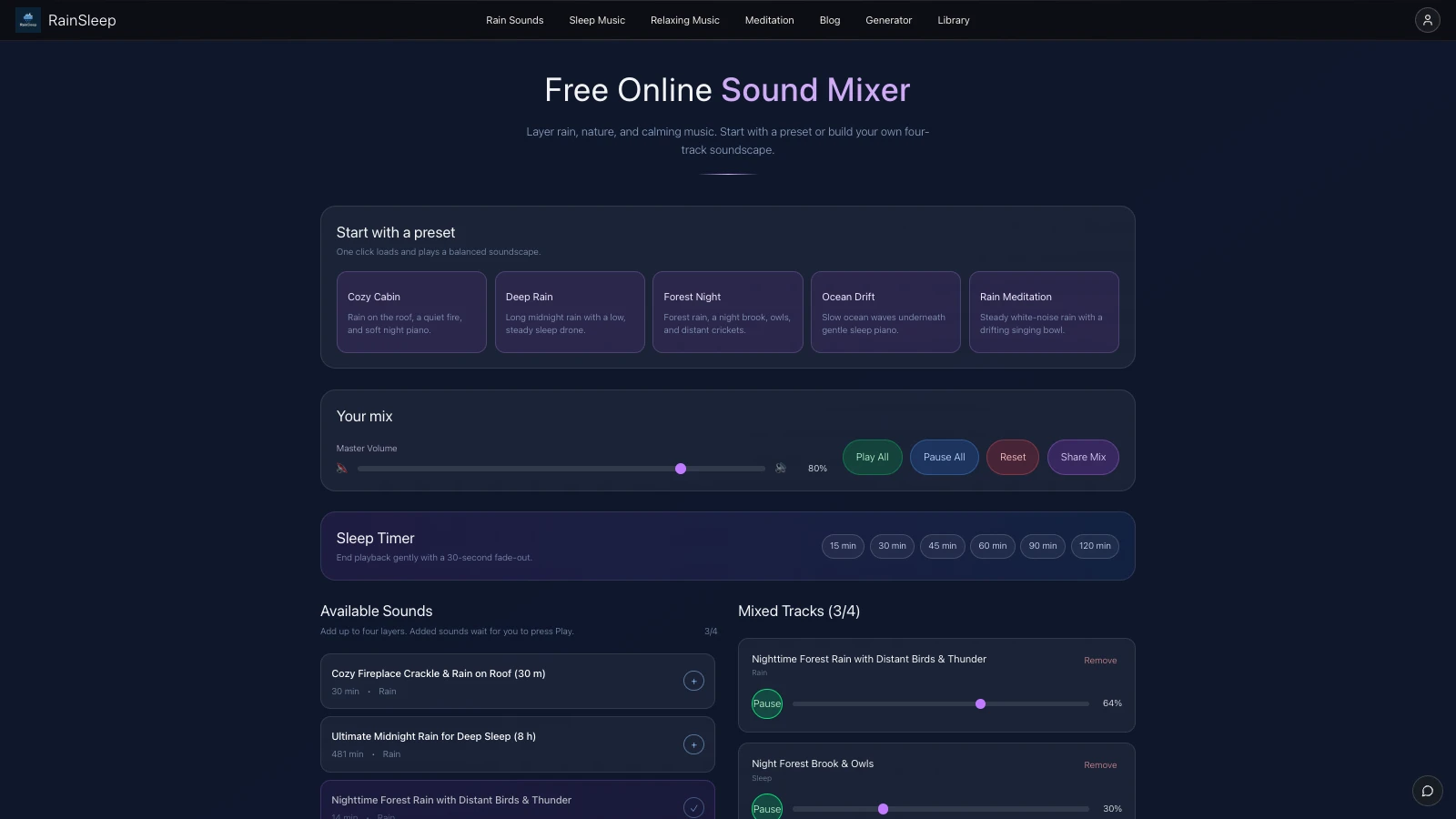 RainSleep Mixer with the Forest Night preset loaded