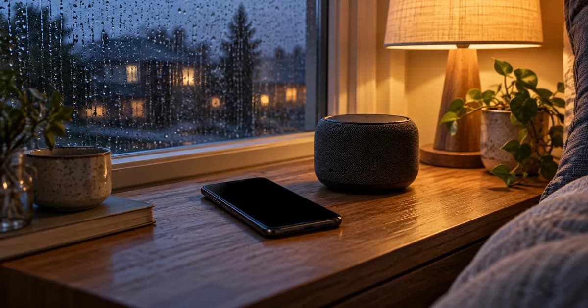 画面が消えたスマートフォンが、小さなスピーカーと雨粒のついた窓のそばに置かれている。