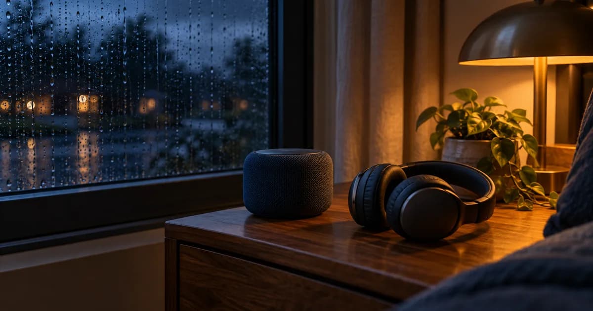 Ein kleiner Lautsprecher und Over-Ear-Kopfhörer auf einem Tisch am regennassen Fenster.