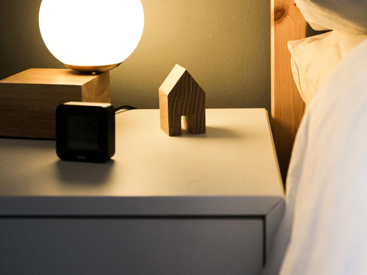 Warm bedside lamp glow at night
